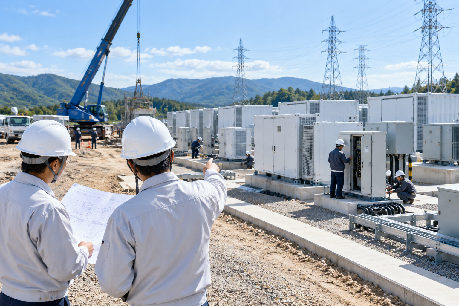 系統用蓄電池所の建設現場。図面を手にした作業員が、並ぶ蓄電池コンテナや機器を指し示している