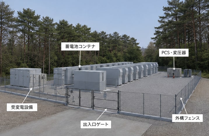 フェンスで囲まれた系統用蓄電池所の完成イメージ。蓄電池コンテナ、PCS・変圧器、受変電設備、出入口ゲート、外構フェンスの位置を示している