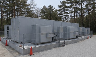 砂利敷きの敷地に並ぶ蓄電池コンテナとPCS
