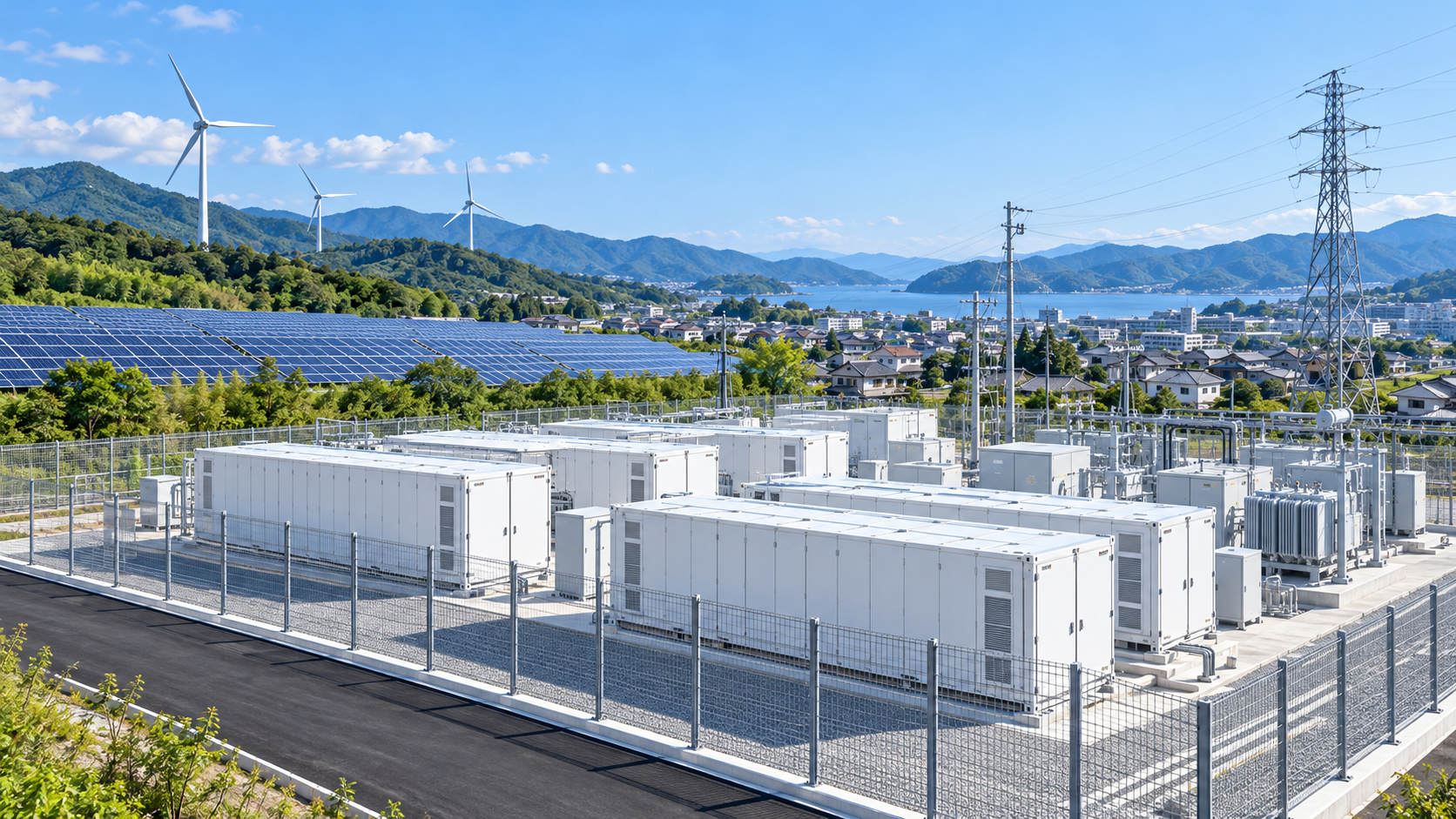 フェンスに囲まれた系統用蓄電池所。蓄電池コンテナと受変電設備が並び、背後に太陽光パネル、風力発電、街並みと海が広がる