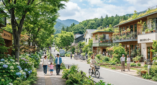緑に囲まれた地域の街並み