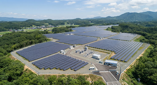 丘陵地に整備された大規模太陽光発電所