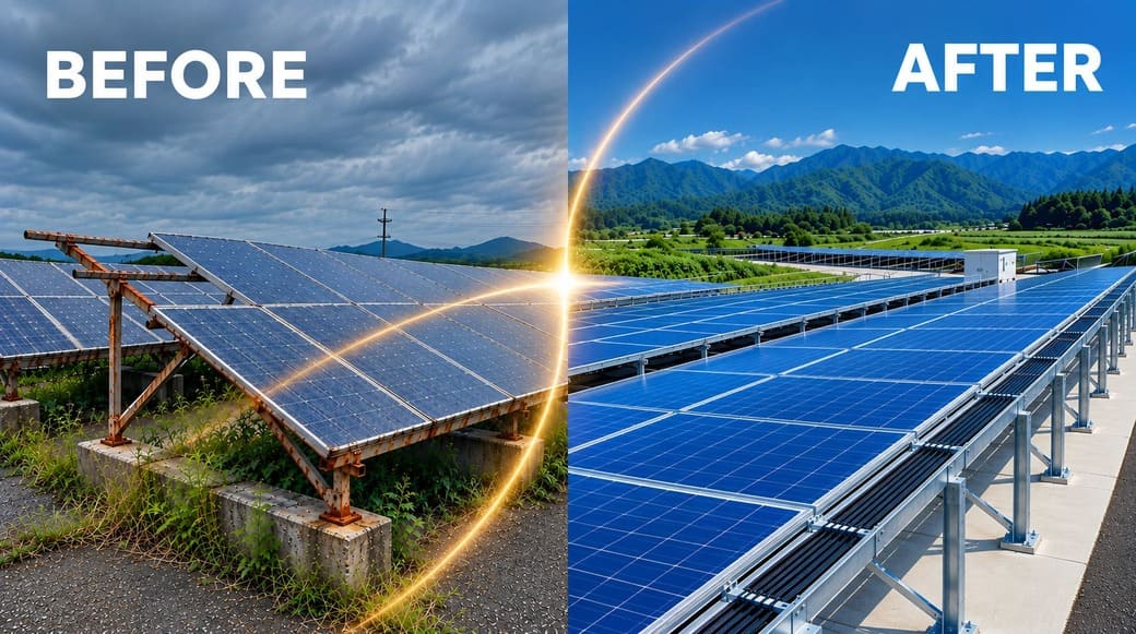 改修前（BEFORE）の劣化した太陽光パネルと、改修後（AFTER）の整備された太陽光発電所