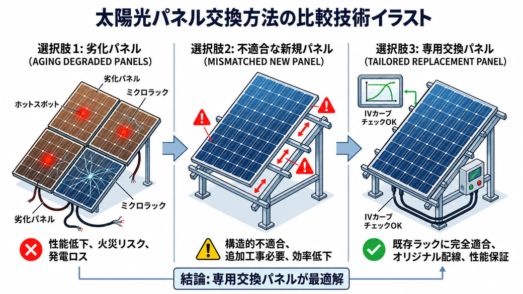 太陽光パネル交換方法の比較技術イラスト。選択肢1の劣化パネルは性能低下・火災リスク・発電ロス、選択肢2の不適合な新規パネルは構造的不適合・追加工事必要・効率低下、選択肢3の専用交換パネルは既存ラックに完全適合・オリジナル配線・性能保証。結論：専用交換パネルが最適解
