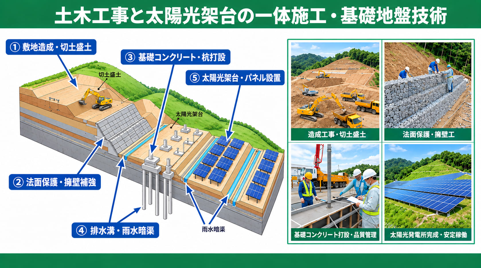 土木工事と太陽光架台の一体施工・基礎地盤技術の説明図。①敷地造成・切土盛土、②法面保護・擁壁補強、③基礎コンクリート・杭打設、④排水溝・雨水暗渠、⑤太陽光架台・パネル設置